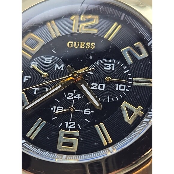 Mens Guess Steel Gold Tone 44mm Day Date Watch 100M Quartz New Battery Classic - Picture 6 of 13